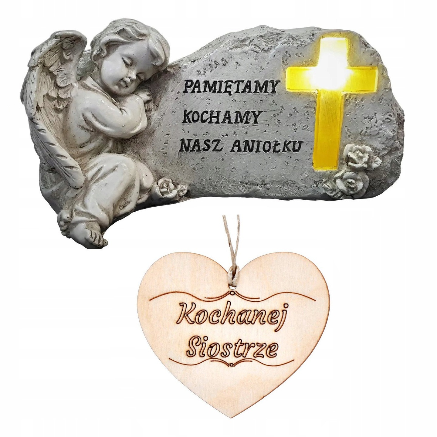 Hřbitovní Svíčka Figurka Anděl strážný na hrob Sestry Osvětlený kříž