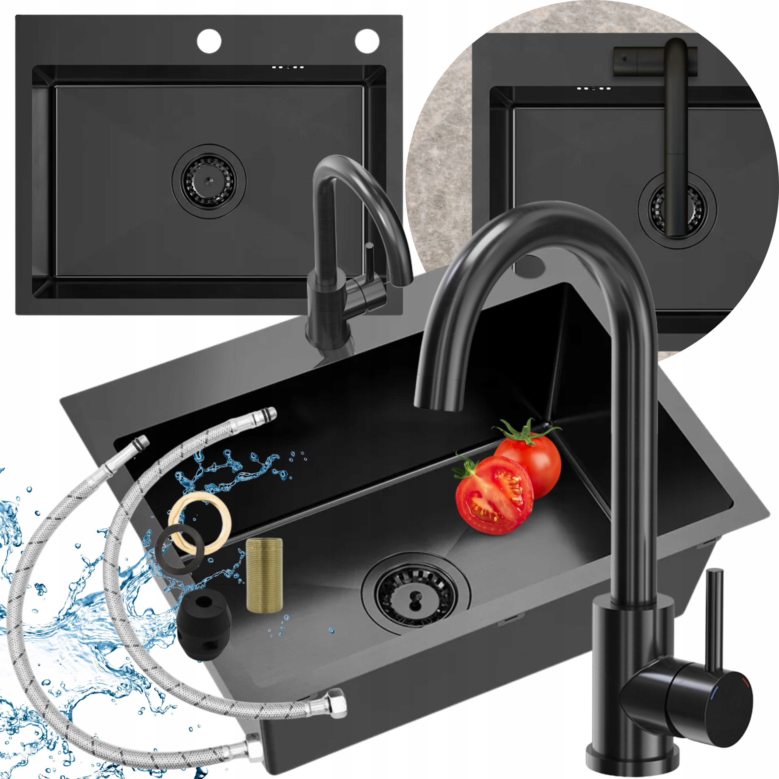 Jednokomorový oceľový Drez s Kuchynskou Batériou Sifón Záslepka 7v1