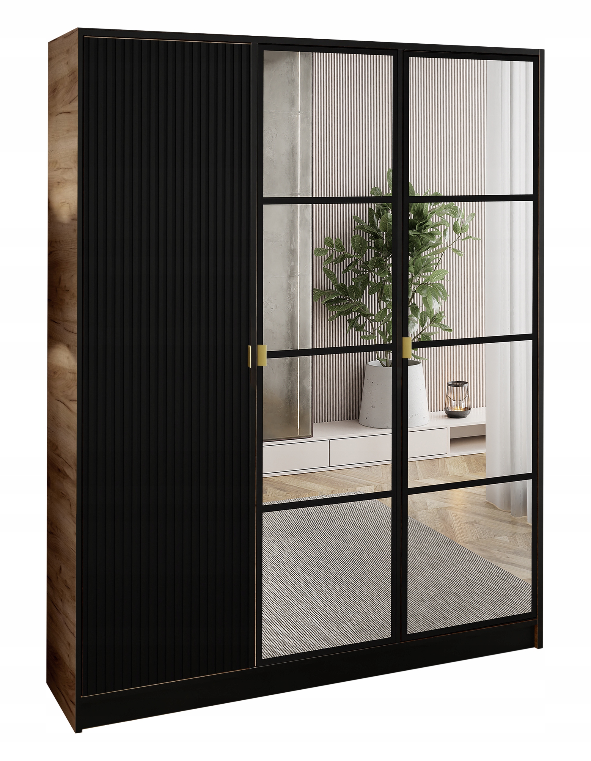 Skříň šatní Lumi 157 3D Dub C. Černá Ryfl. 2x zrcadlo eden Úchyt zł.