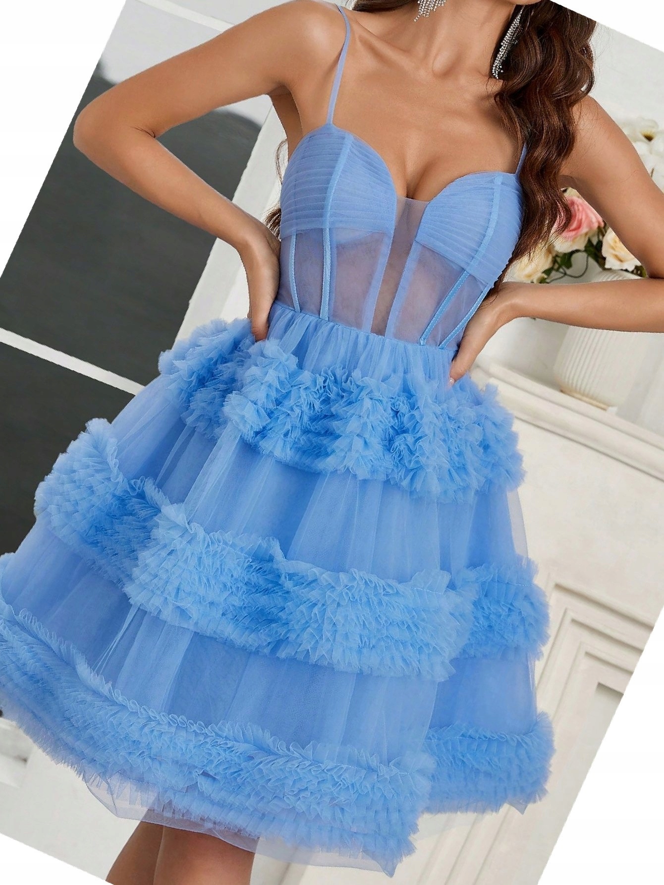 Šaty Tylová Koktejlová Glamour Modrá Xs 34