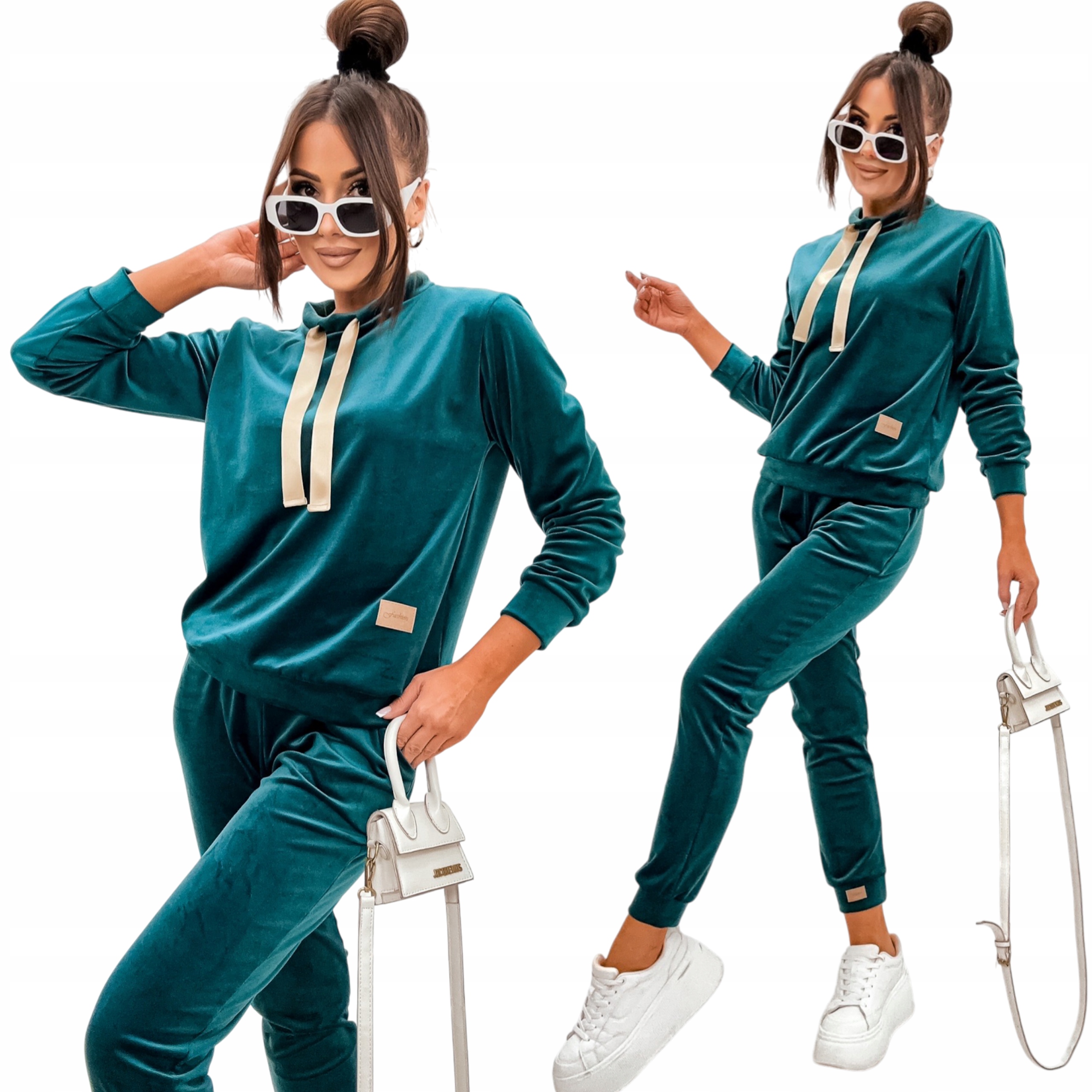 Dres Welurowy Damski Komplet Bluza Spodnie Velvet Premium Zielona Butelka L