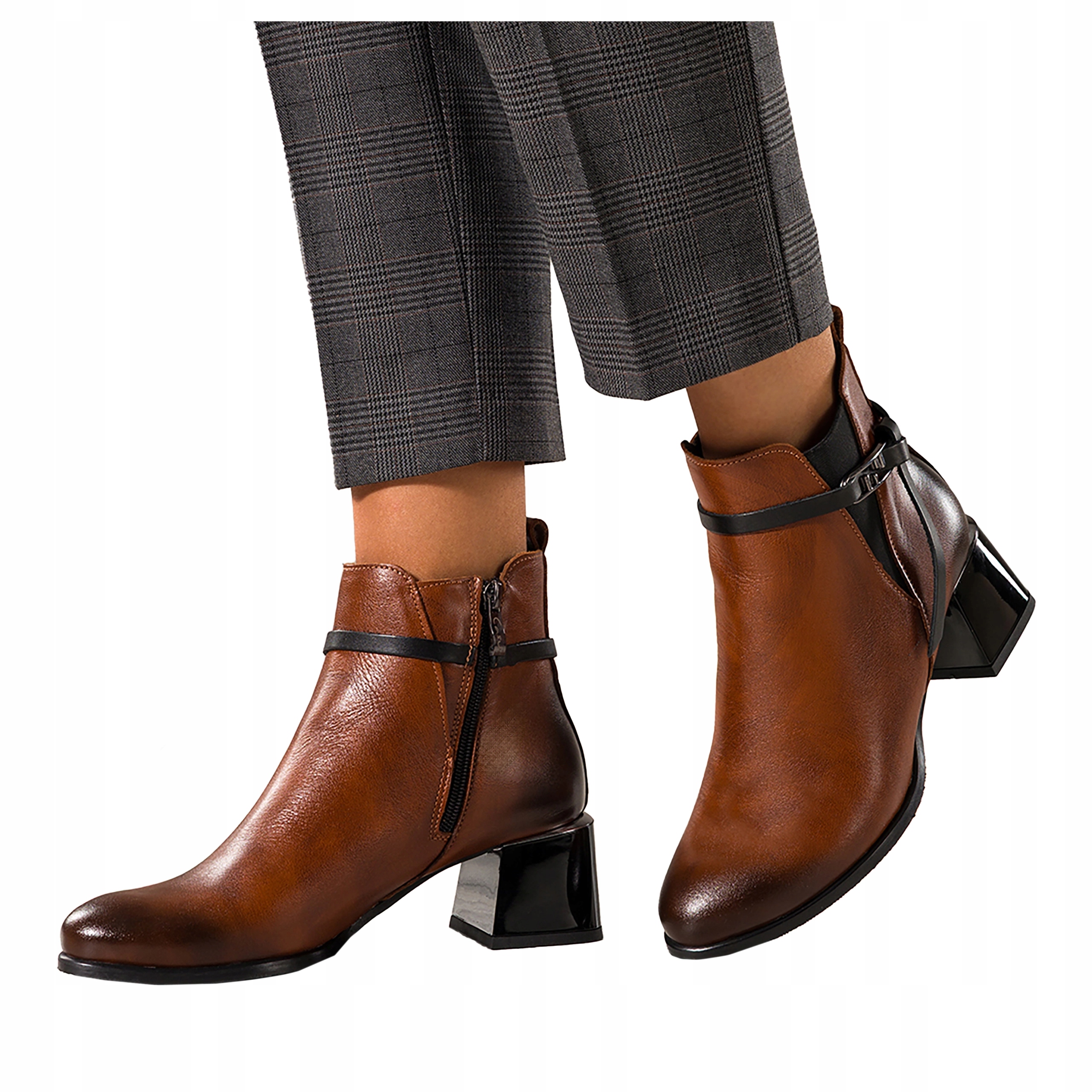 Dámské Kotníkové Boty Hnědé Kožené Pohodlné Ozdobný Blokový Podpatek Módní S Gumou vel. 39