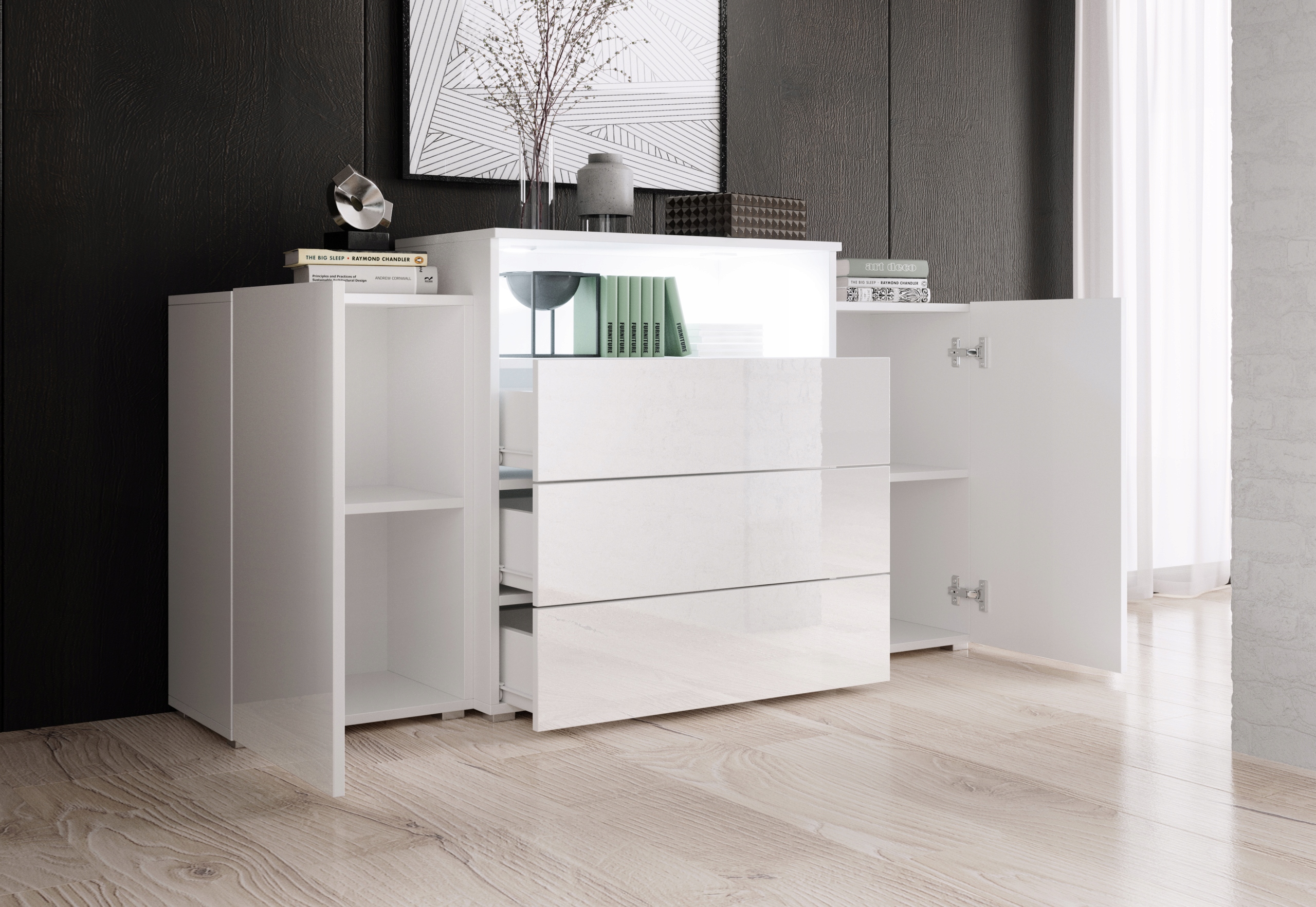 dwudrzwiowa Komoda URBAN 150 cm szuflady półki