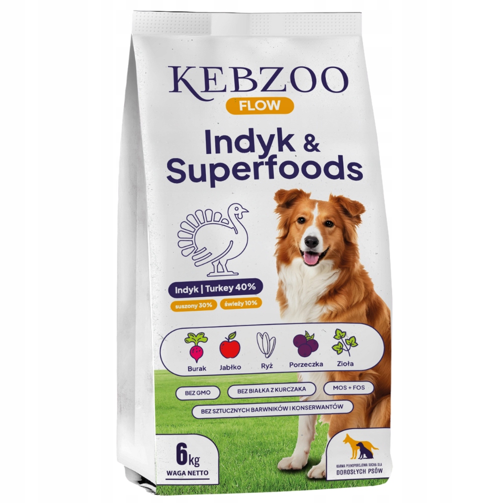 Levně Krmivo pro psy Kebzoo Flow Krůta&Superpotraviny s kachním tukem 6 kg
