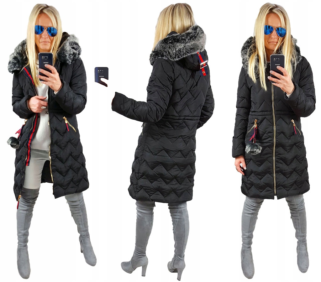 

Pikowany Długi Płaszcz Kurtka Zygzak Parka Futro S