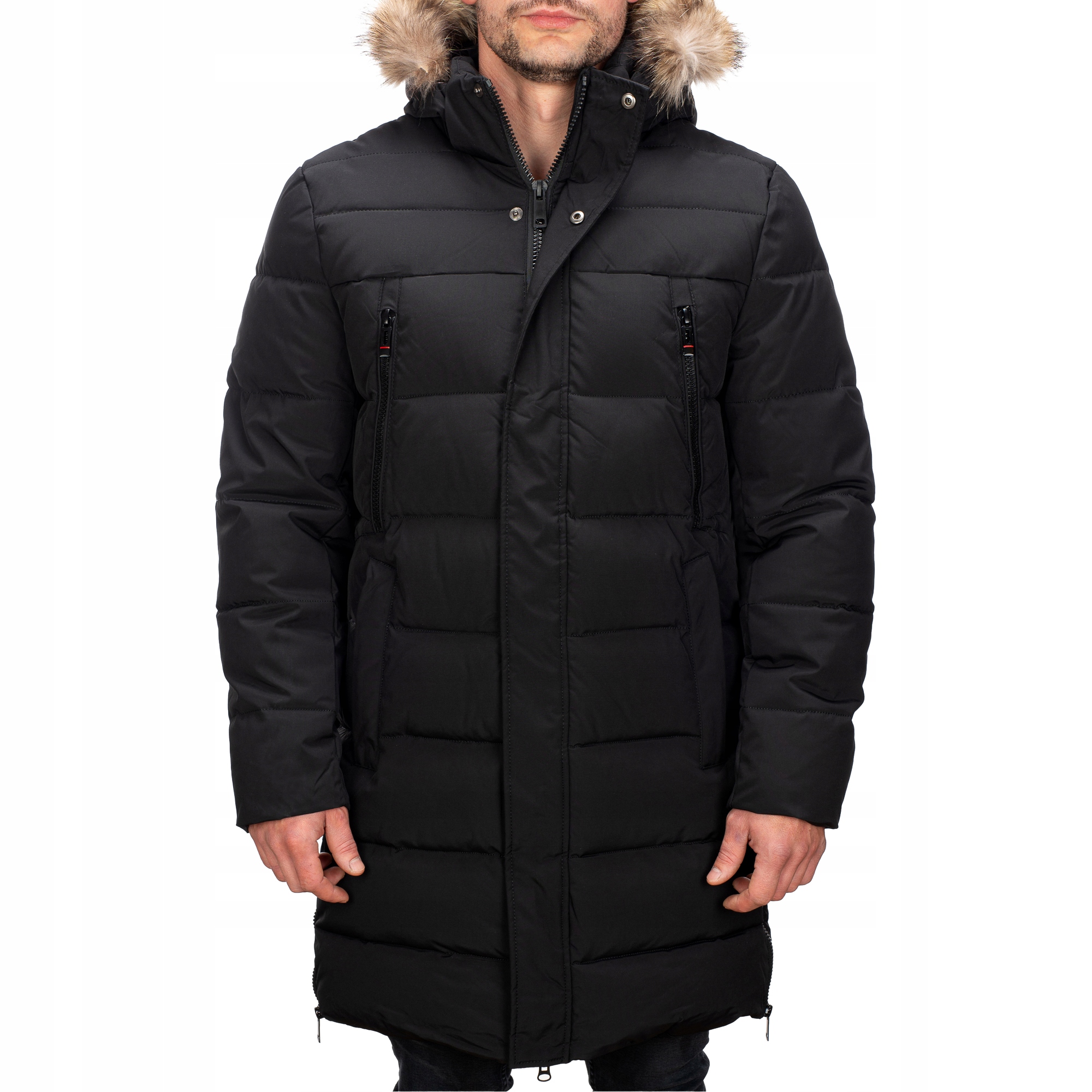 M9803-392 vel. M/50 Pánská Zimní Prošívaná Bunda Parka Dlouhá Kožešina