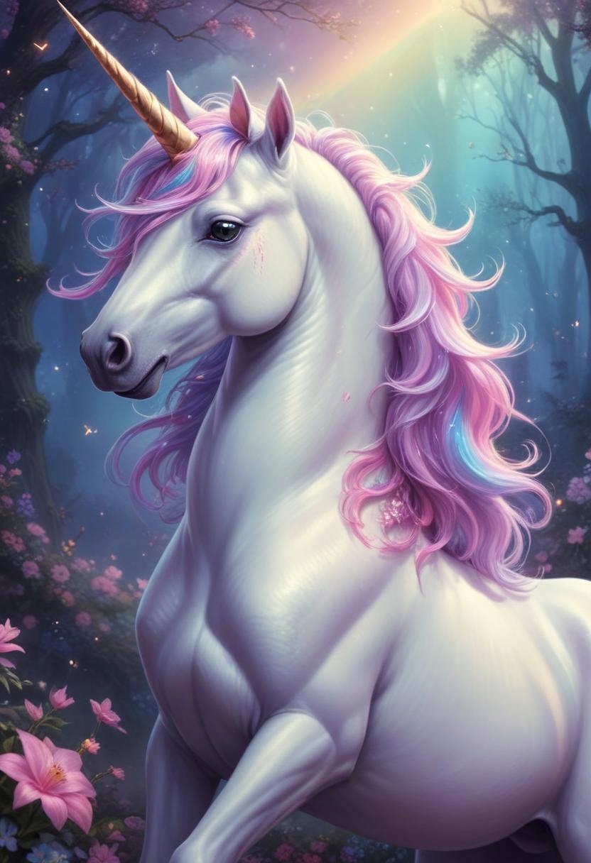 Diamantová výšivka Kůň Barevný Jednorožec Bílé Květy Růžové Velké 60x80cm