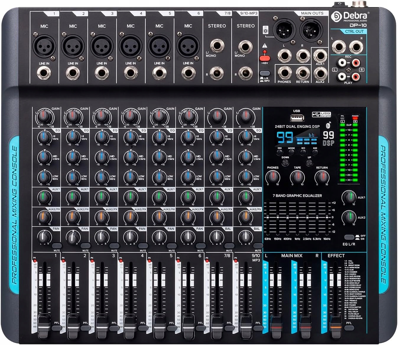 Audio mixer 10 kanálů Usb 48V Dsp Eq 7 pásem stereo Dj nahrávání live scéna