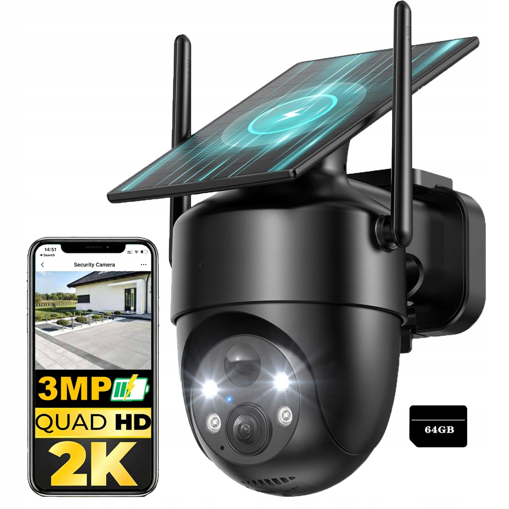 Solární otočná kamera 3MPx venkovní bezdrátová s 64GB paměťovou kartou