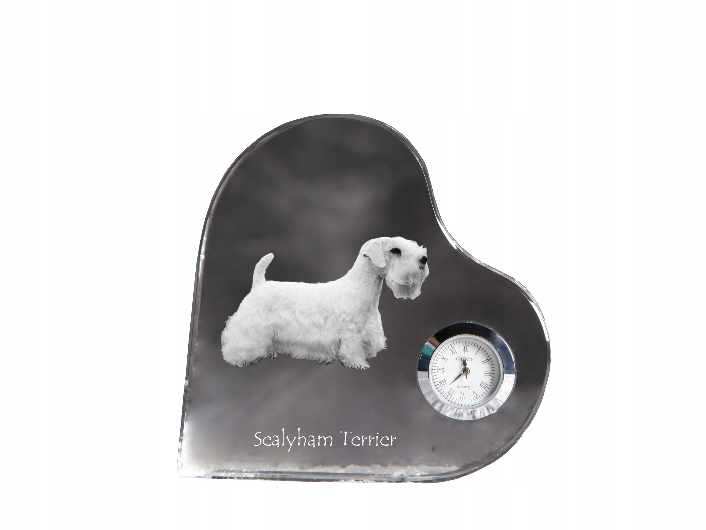Sealyham Terrier krištáľový hodinový strojček v tvare srdca s vašou fotografiou