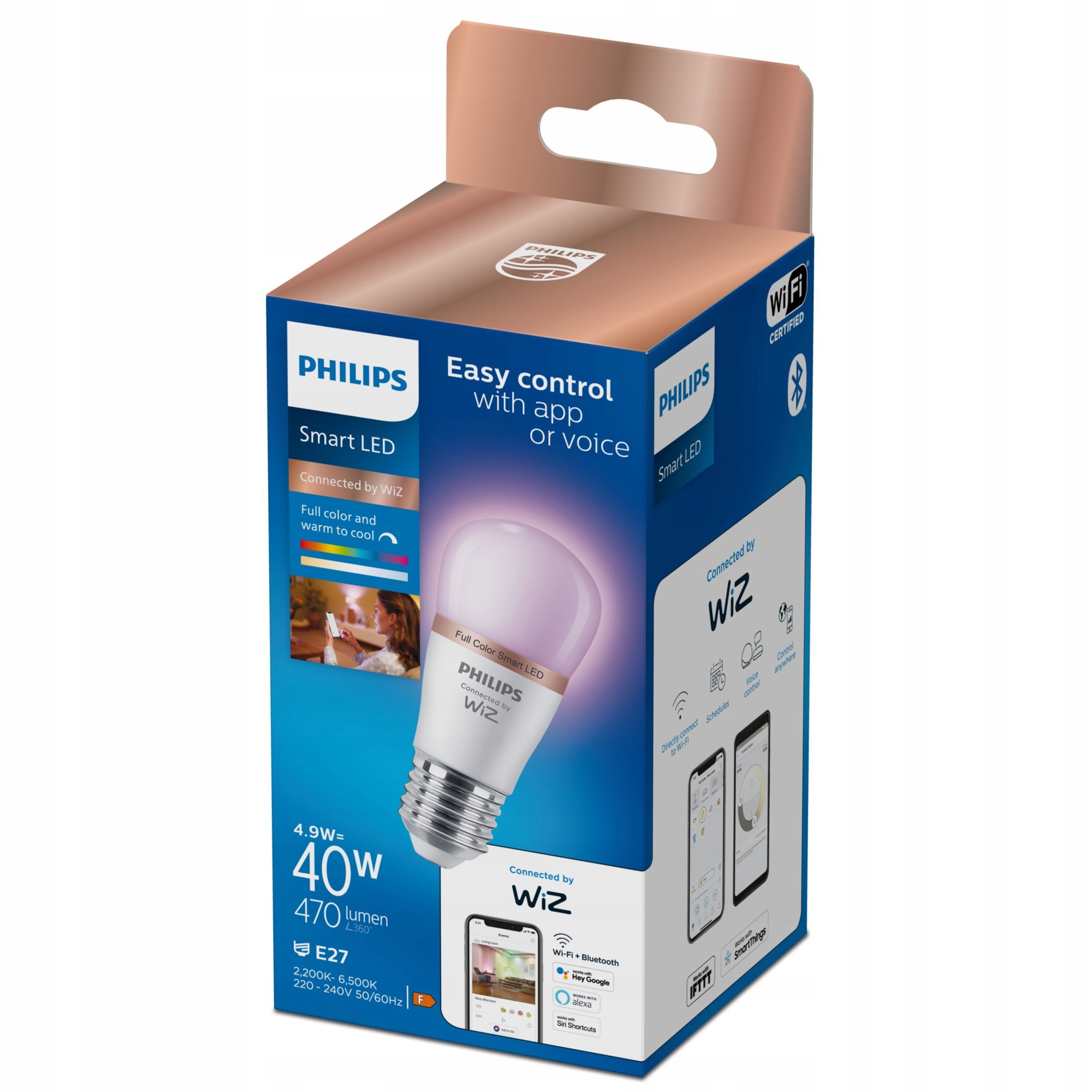 Żarówka LED E27 P45 4,9W = 40W 2200-6500K + RGB SMART WiFi Philips WiZ Marka Philips by Signify