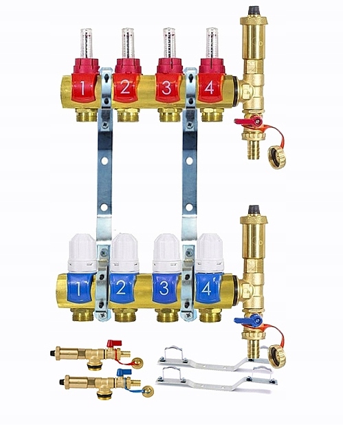 Rozdeľovač 4 Okruhy Sekcie Pre Podlahové Vykurovanie Podlahy Mosadzný