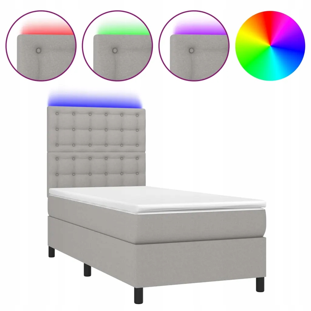 Kontinentální postel s matrací a Led osvětlením, světle šedá 193x90x118/128 cm