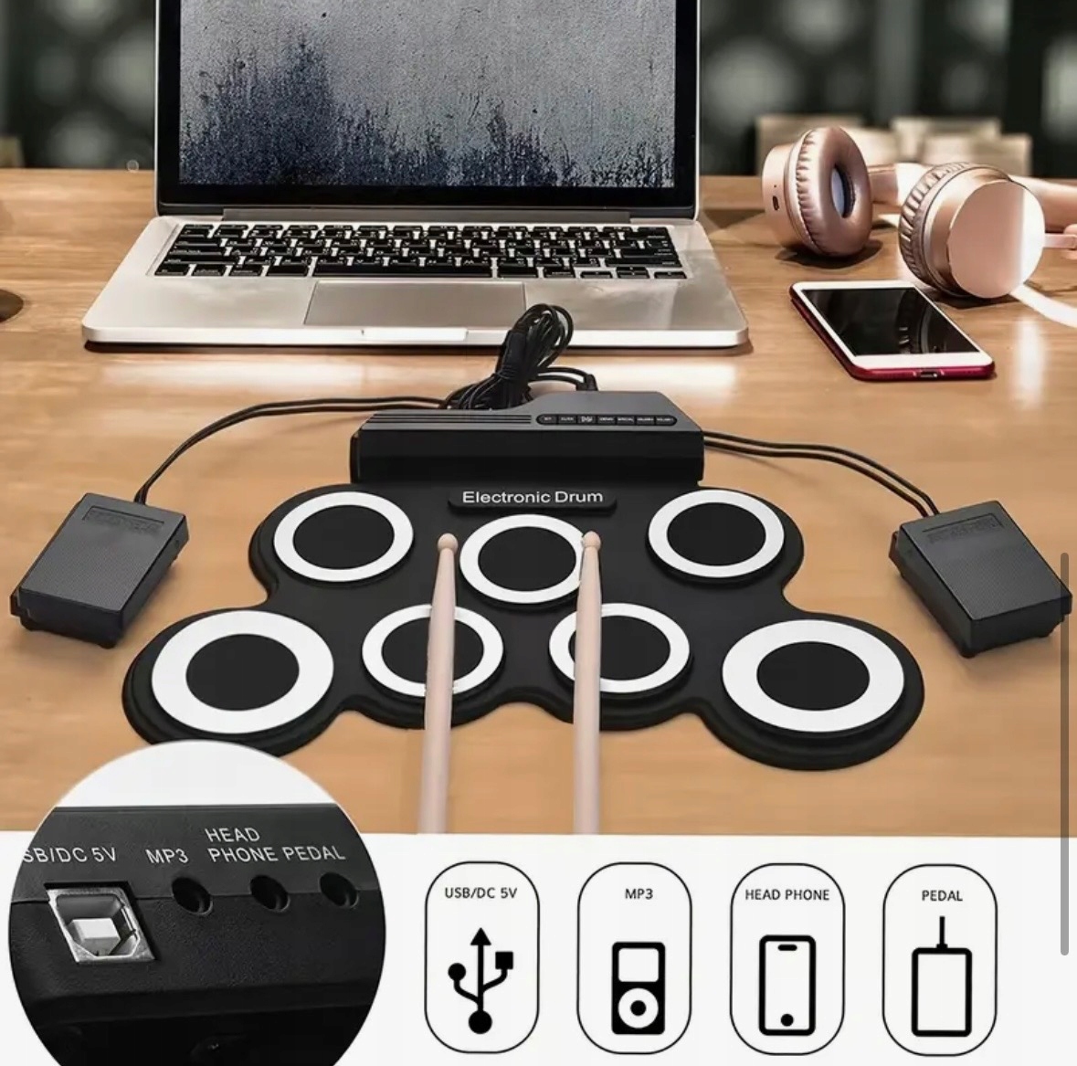 Přenosná skládací elektronická bicí souprava, Usb MIDI metronom výstup