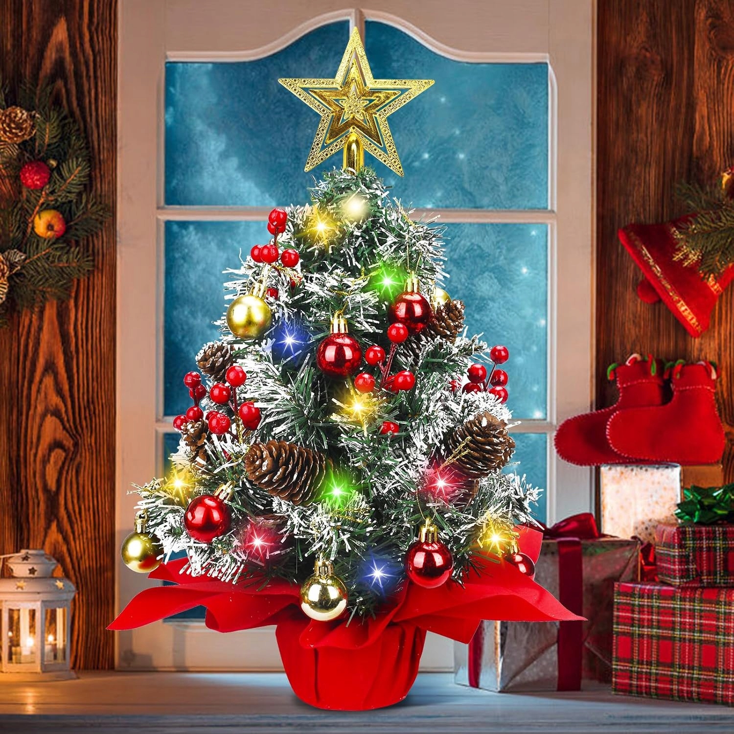 Mini Umělý Vánoční Stromeček Na Stůl S Led Osvětlením A Dekorací