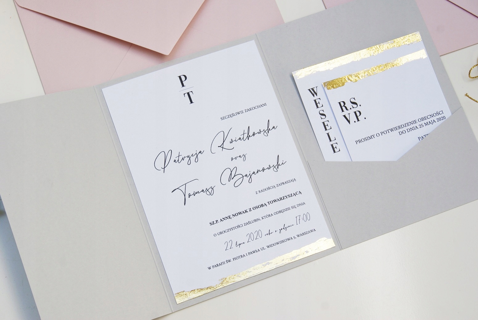 ZAPROSZENIA ŚLUBNE ZŁOCONE W FOLDERZE ELEGANCKIE Kształt prostokątny