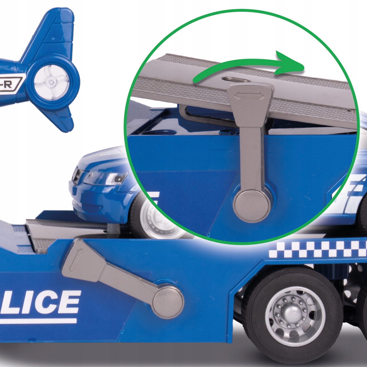 LAWETA POLICYJNA 1:16 ŚWIATŁO DŹWIĘK RUCHOME ELEMENTY HELIKOPTER AUTO Długość 11.5 cm