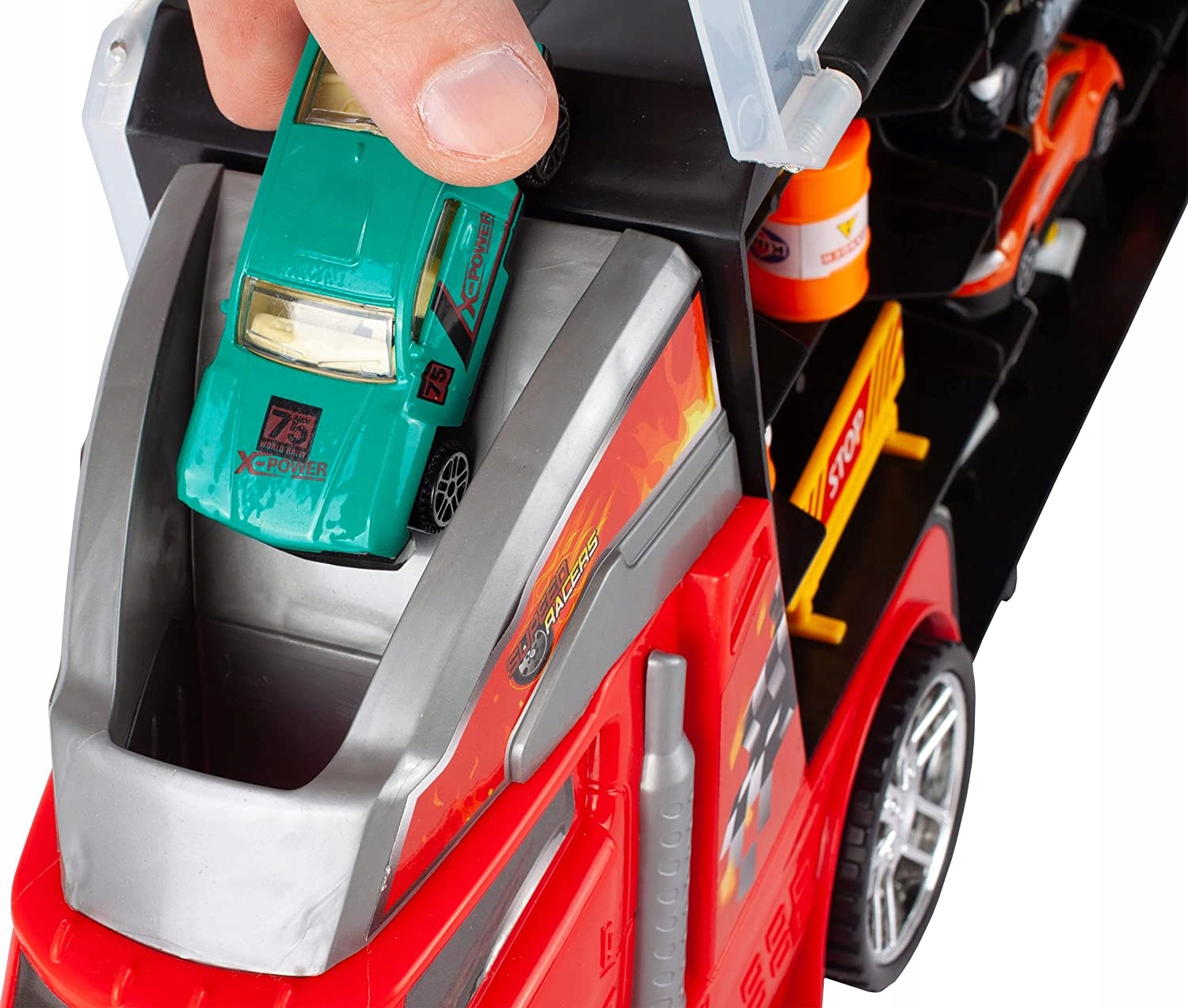 Ciężarówka Auto Laweta Resoraki z WYRZUTNIĄ METAL Transporter na Autka Materiał plastik