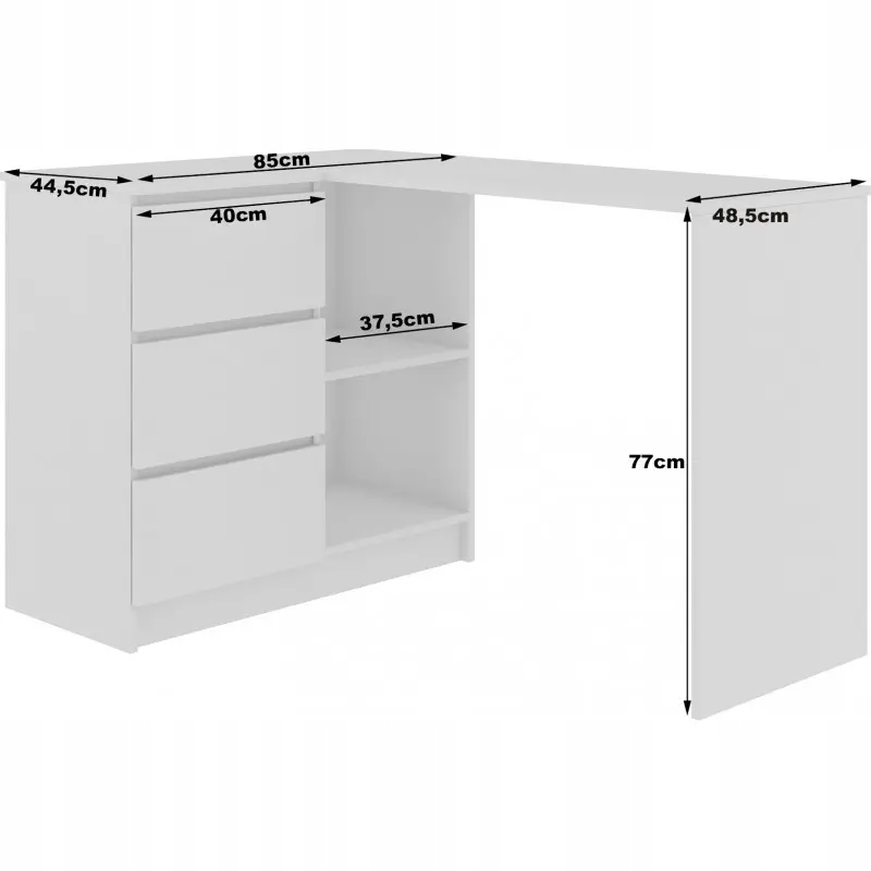 Biurko narożne białe czerwone 124 szuflady półki Wysokość mebla 77 cm