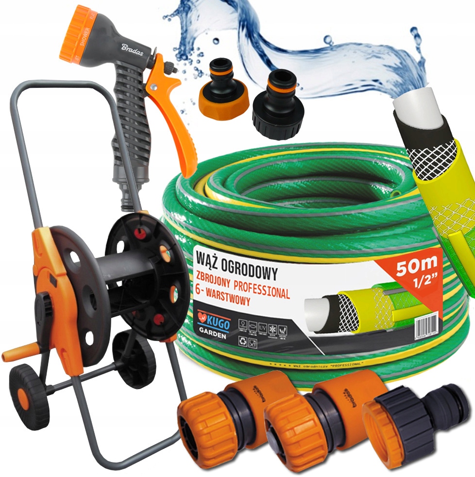 Hadice 1/2" 50 m 6 Vrstev Pistole Vozík Set Bradas 36 Bar