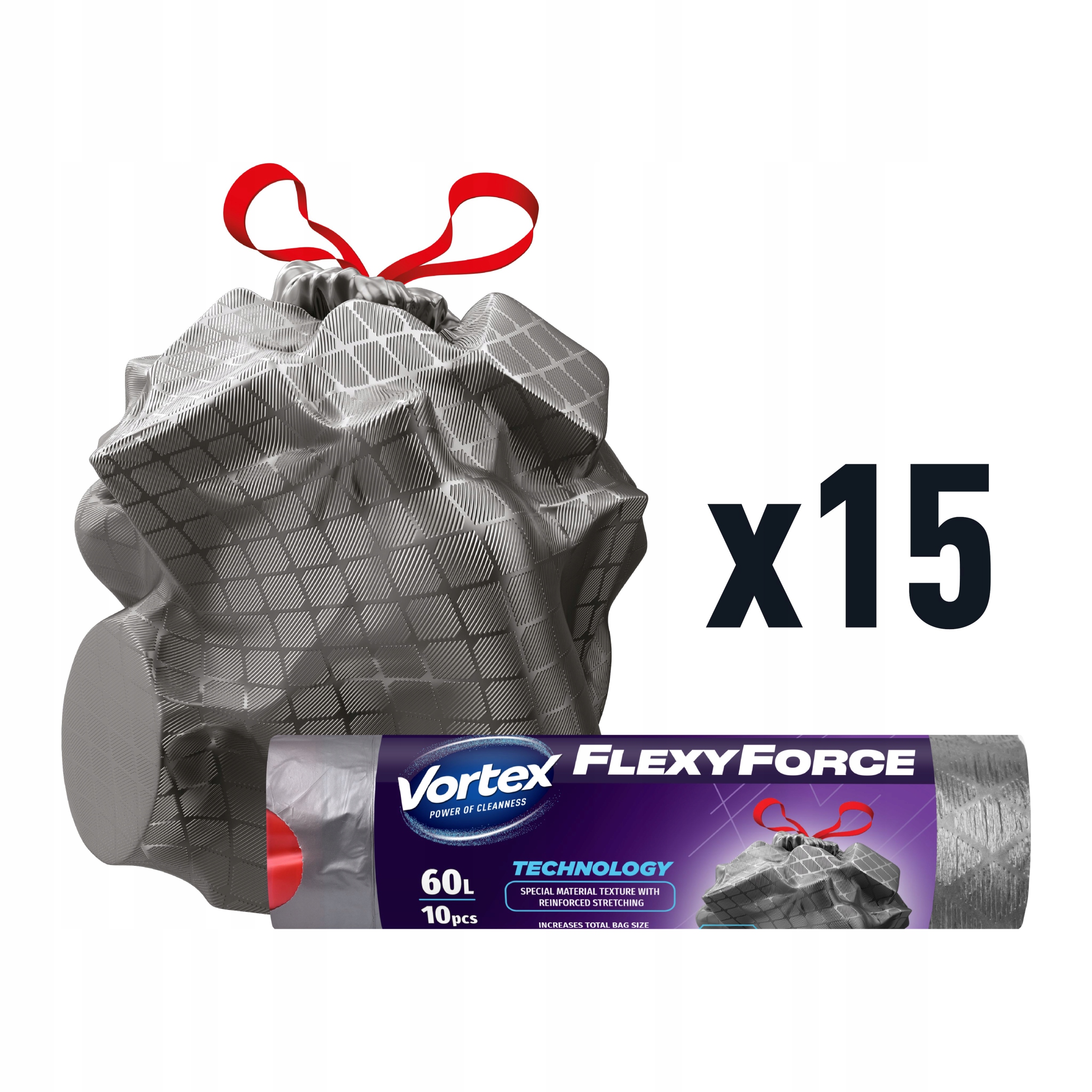 Levně Pytle Na Odpadky S Páskou Silné 60L Odolné Grafitové Vortex 15x10 kusů