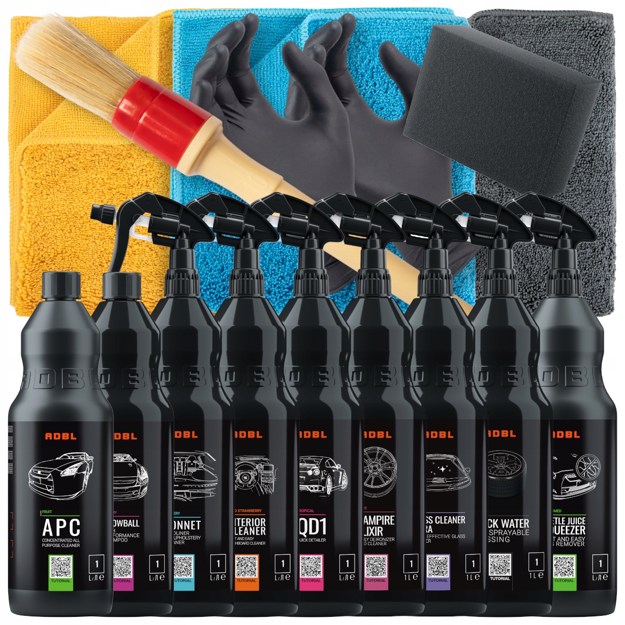 ADBL GOTOWY DUŻY ZESTAW KOSMETYKÓW SAMOCHODOWYCH DO DETAILINGU AUTA 9x 1L