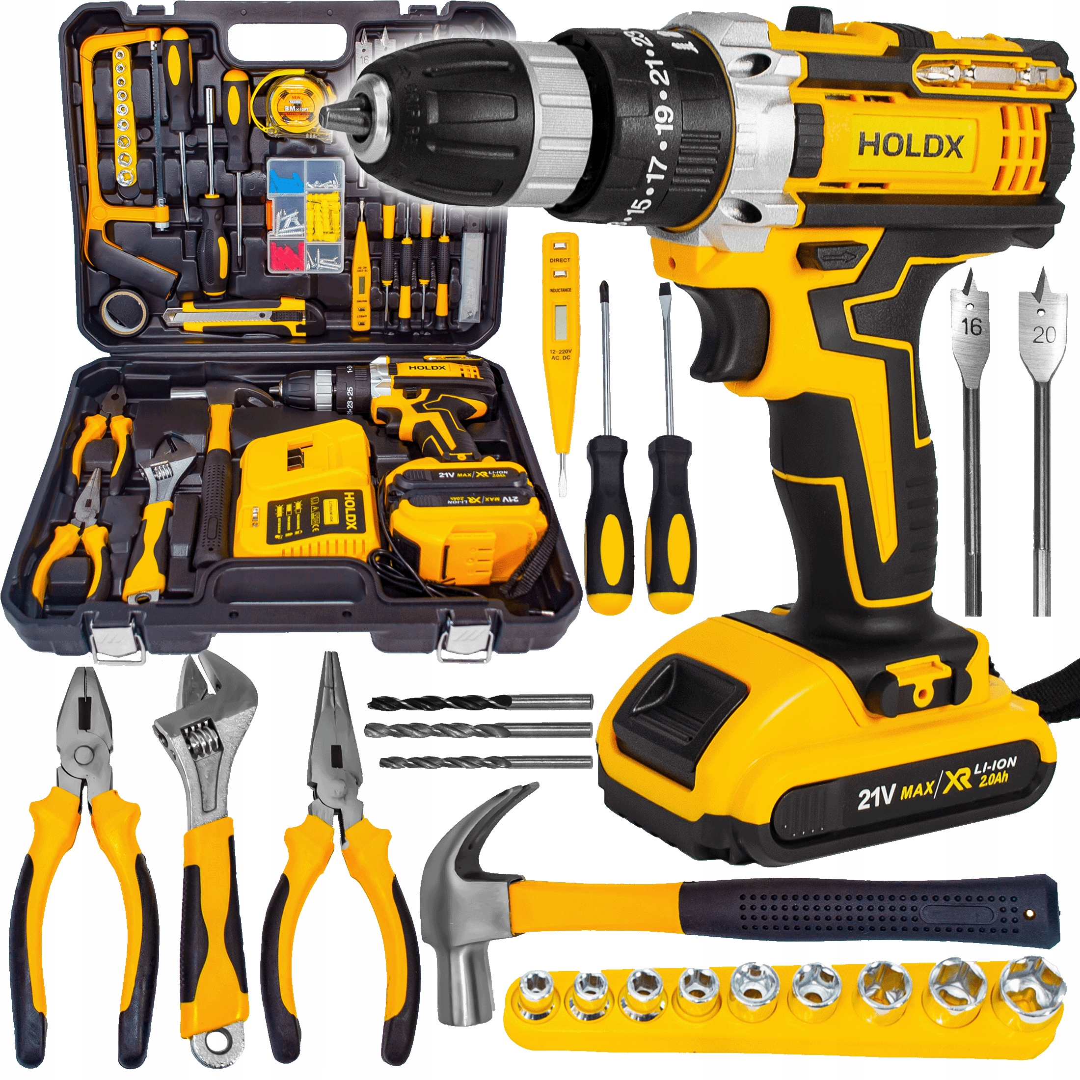Wiertarko Wkrętarka Udarowa Holdx Duży Zestaw Narzędzi 2x Aku Bity Wiertła
