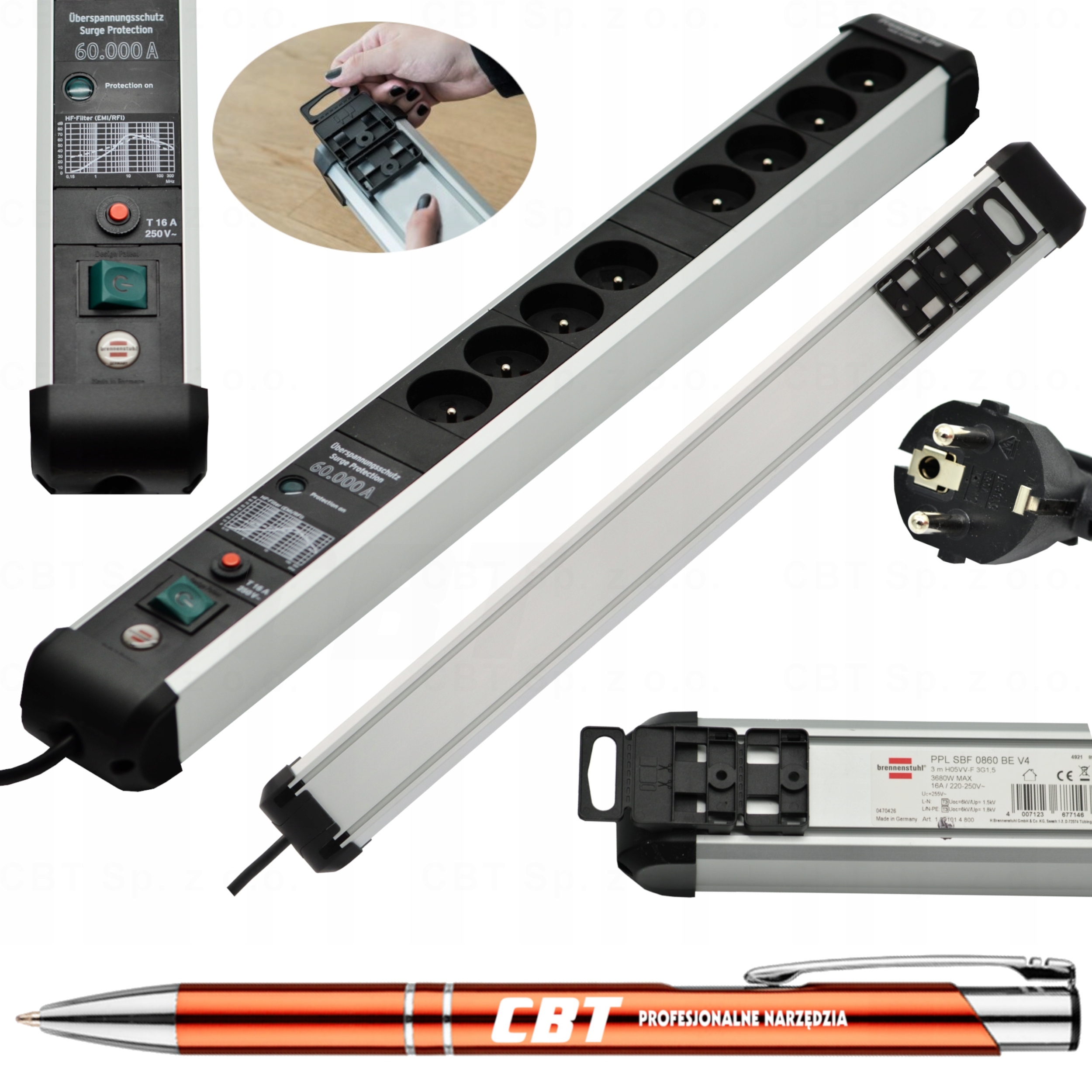 LISTWA ZASILAJĄCA PRZECIWPRZEPIĘCIOWA 8 GNIAZD KABEL 3M 60.000A PRZEDŁUŻACZ