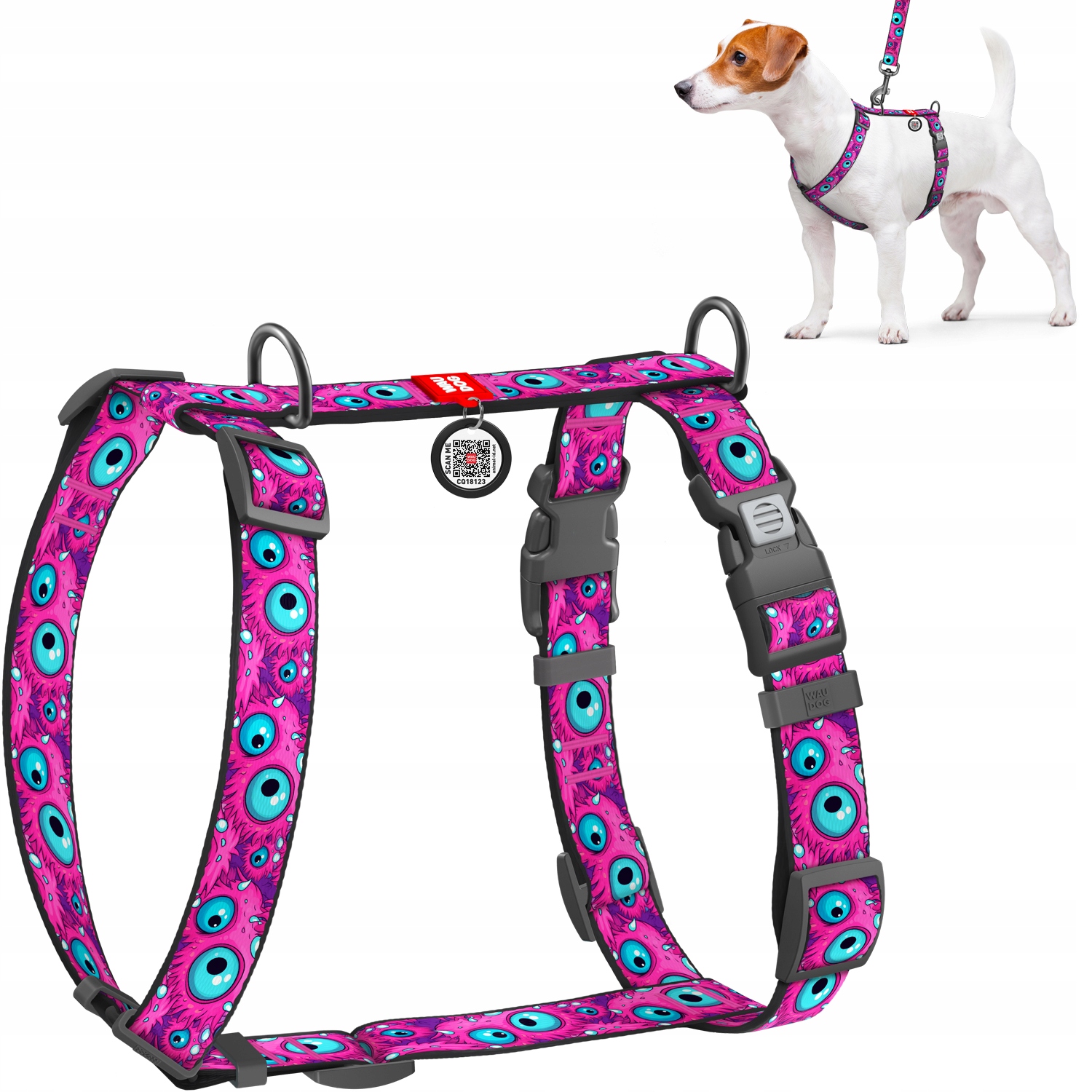 Levně Anatomické postroje pro psa ve tvaru písmene, obrázek Oko příšery, velikost L