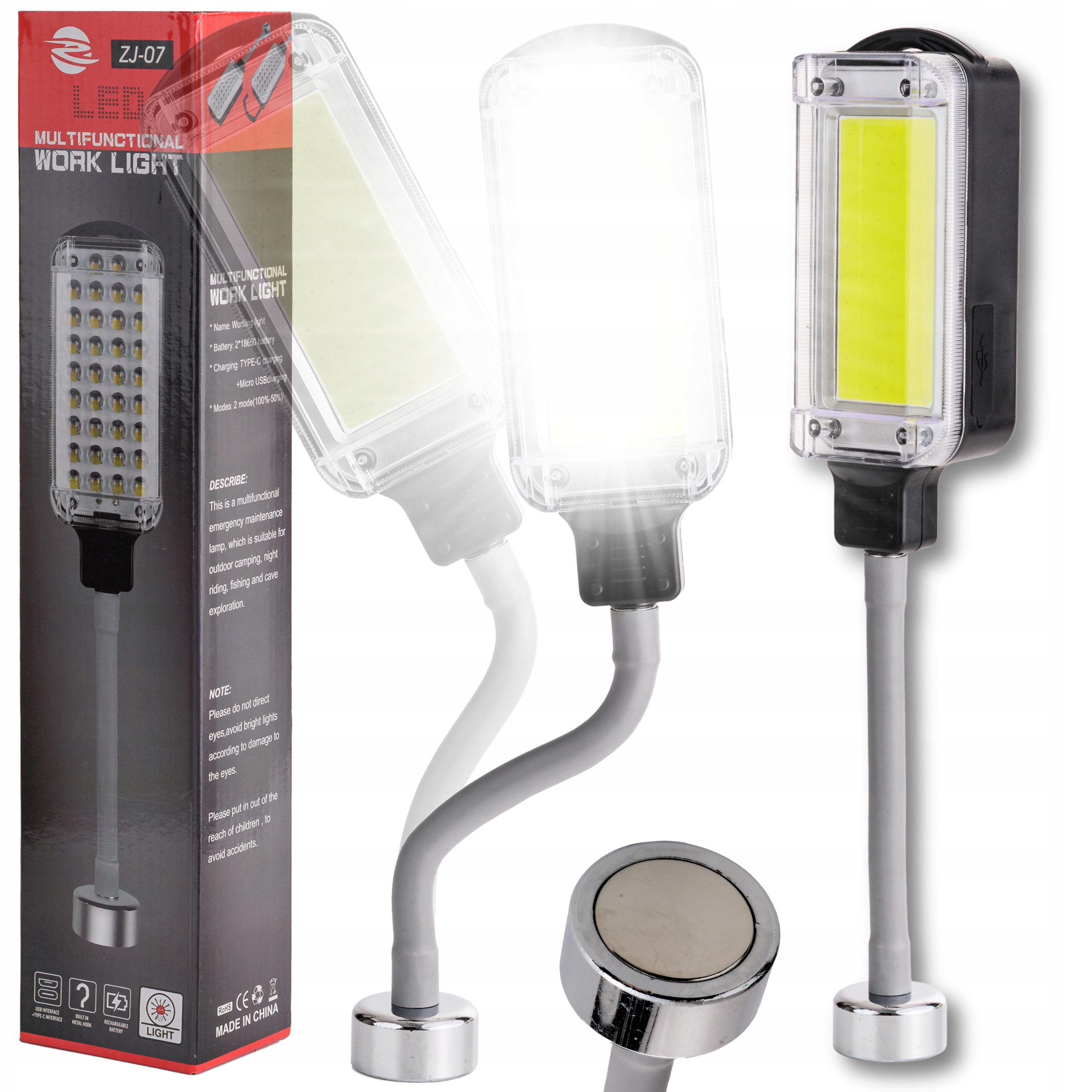 Latarka Warsztatowa Led Cob Usb Magnes Wymienne Akumulatory Lampa Led