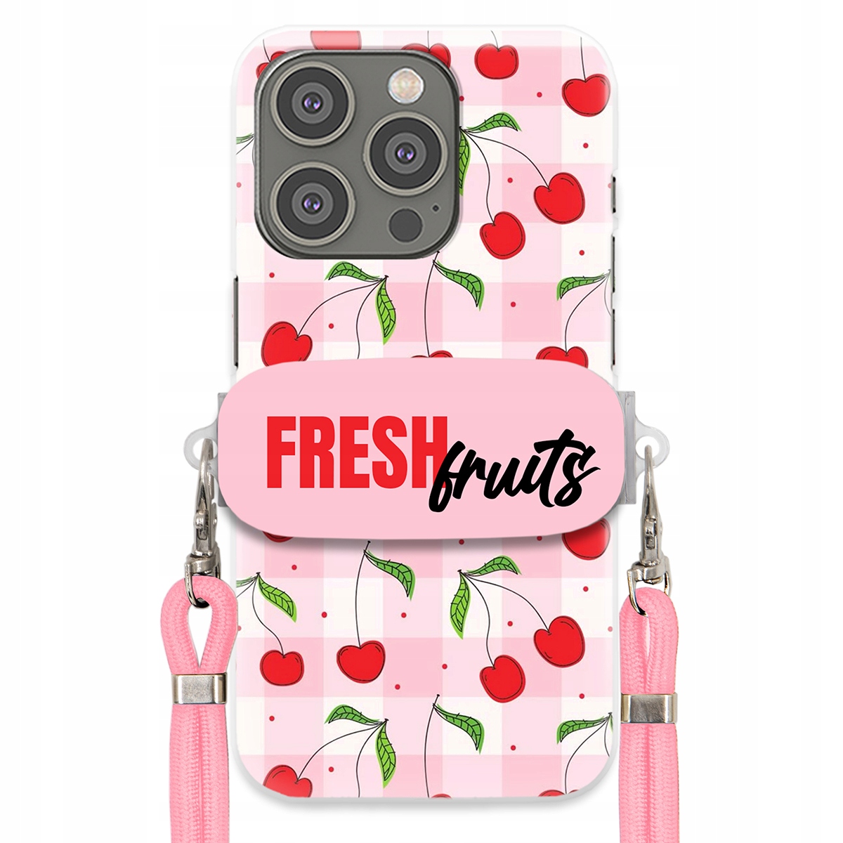 Puzdro pre iPHONE 15 Pro držiak na šnúrku Ružový Fresh Fruits Mriežka
