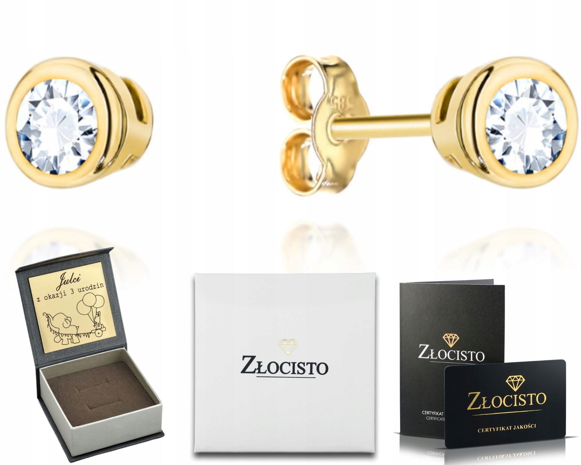 Zlaté Náušnice Zirkon Ve Zlaté Sadě 585 Gravírování Dárek Pěncí