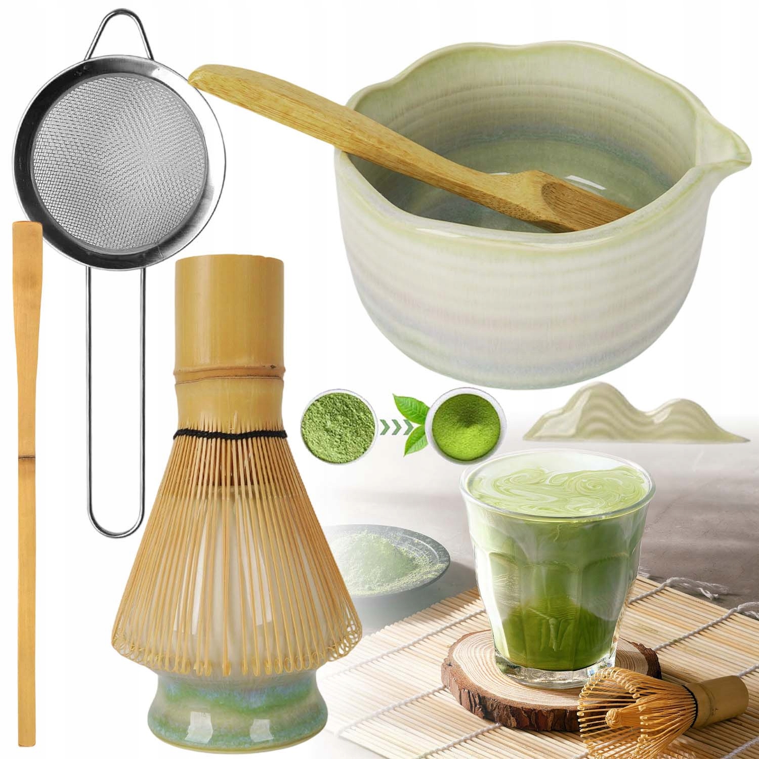 Levně Keramická Sada Na Matchu 7V1 Šálek Metla Čajová Lžička Matcha