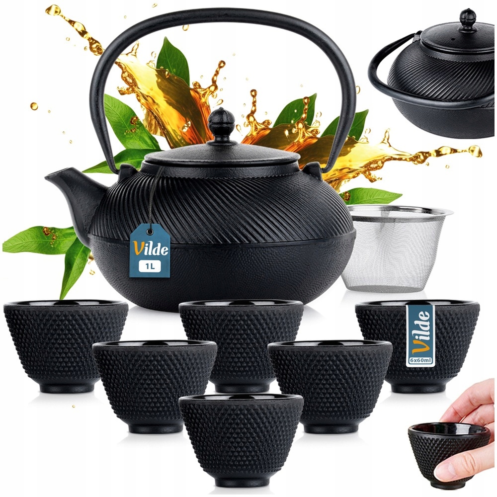 Litinová konvice na čaj s konvičkou a sítkem na bylinky 1 l 6 x šálky