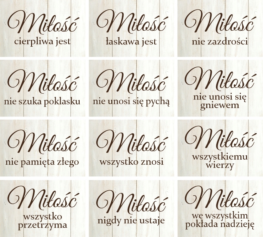 ZESTAW 12 TABLICZEK HYMN O MIŁOŚCI ŚLUB beż Marka bez marki