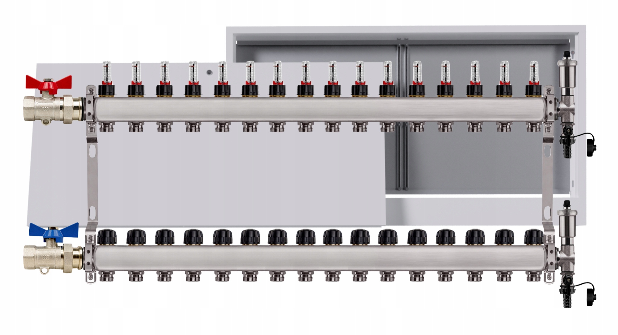 Nerezový rozdělovač pro podlahu 16 okruhů nástěnná skříňka ventily