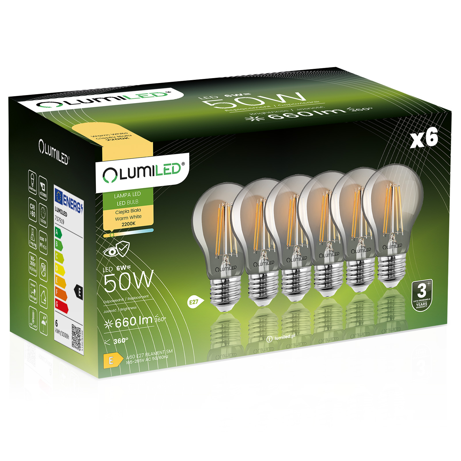 6x Led žárovka E27 A60 6W 50W 660lm 2200K Teplá 360° Kouřová Filamentová