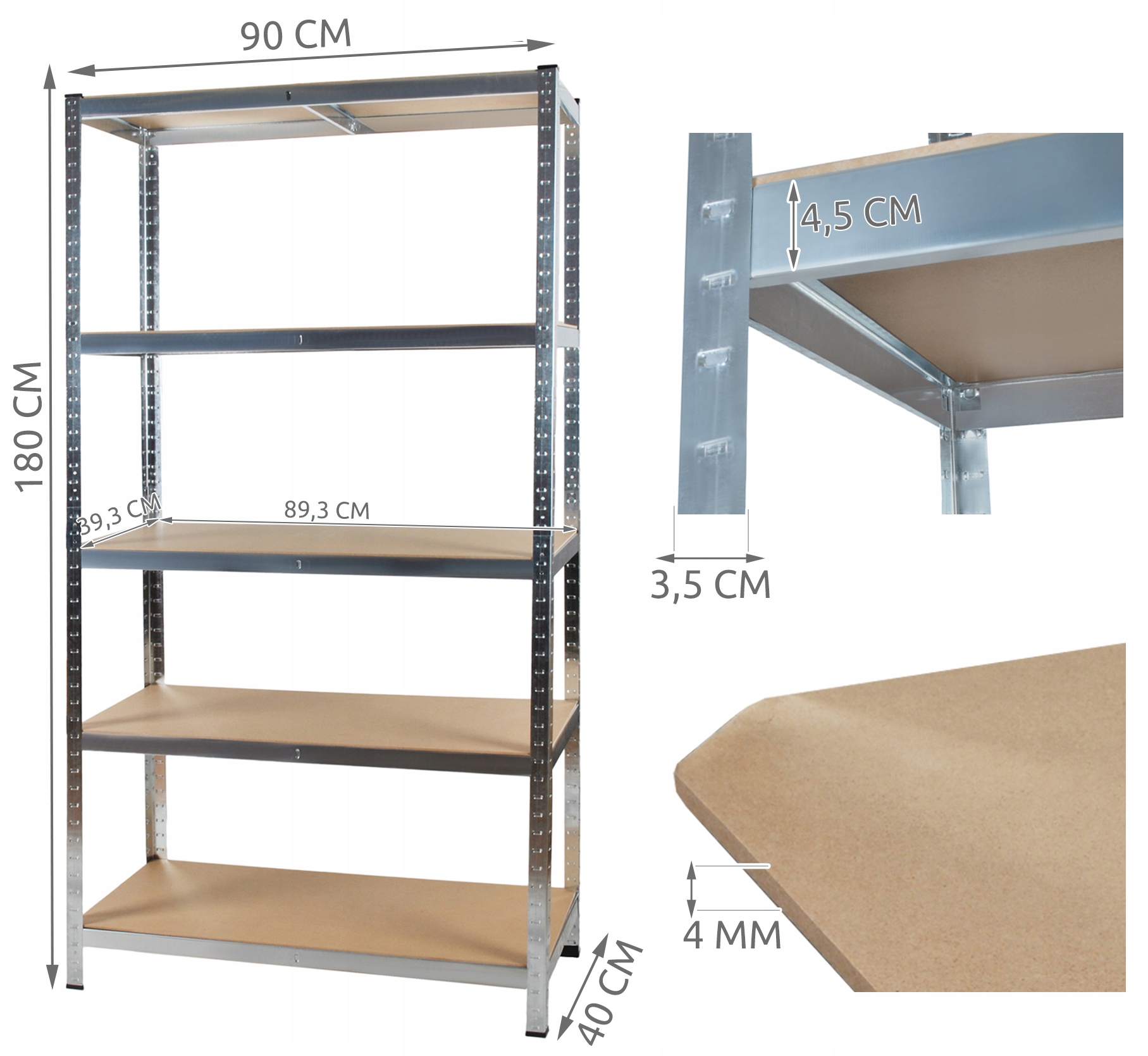 

Regał Magazynowy Metalowy Ocynk Mdf 180x90x40