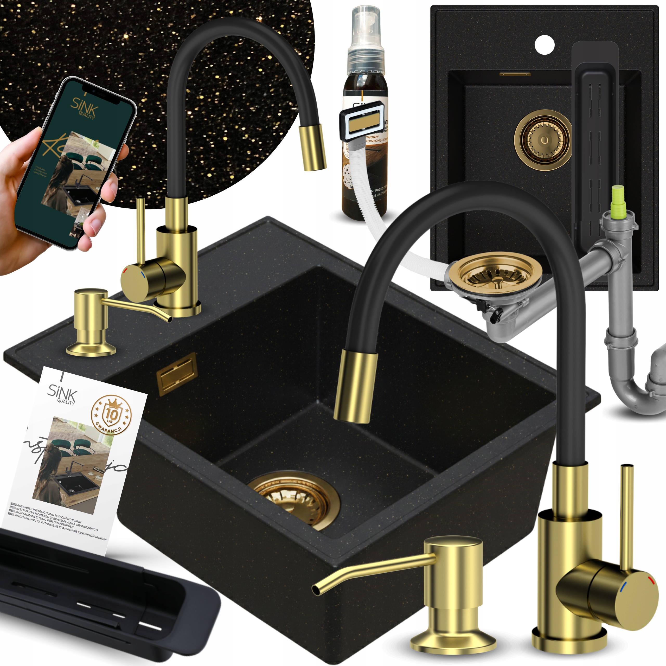 Granitový Dřez 50 Zlatý S Odkapávačem, Baterie Dávkovač Na Kapalinu 13V1