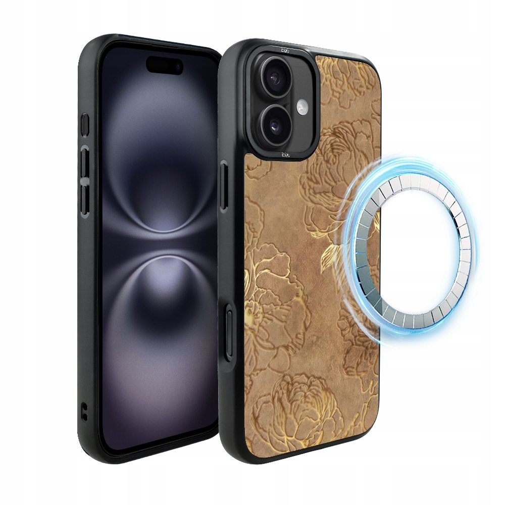 Pouzdro pro iPhone 16 Ibizu DropGuard Matt s MagSafe, zlaté pivoňky