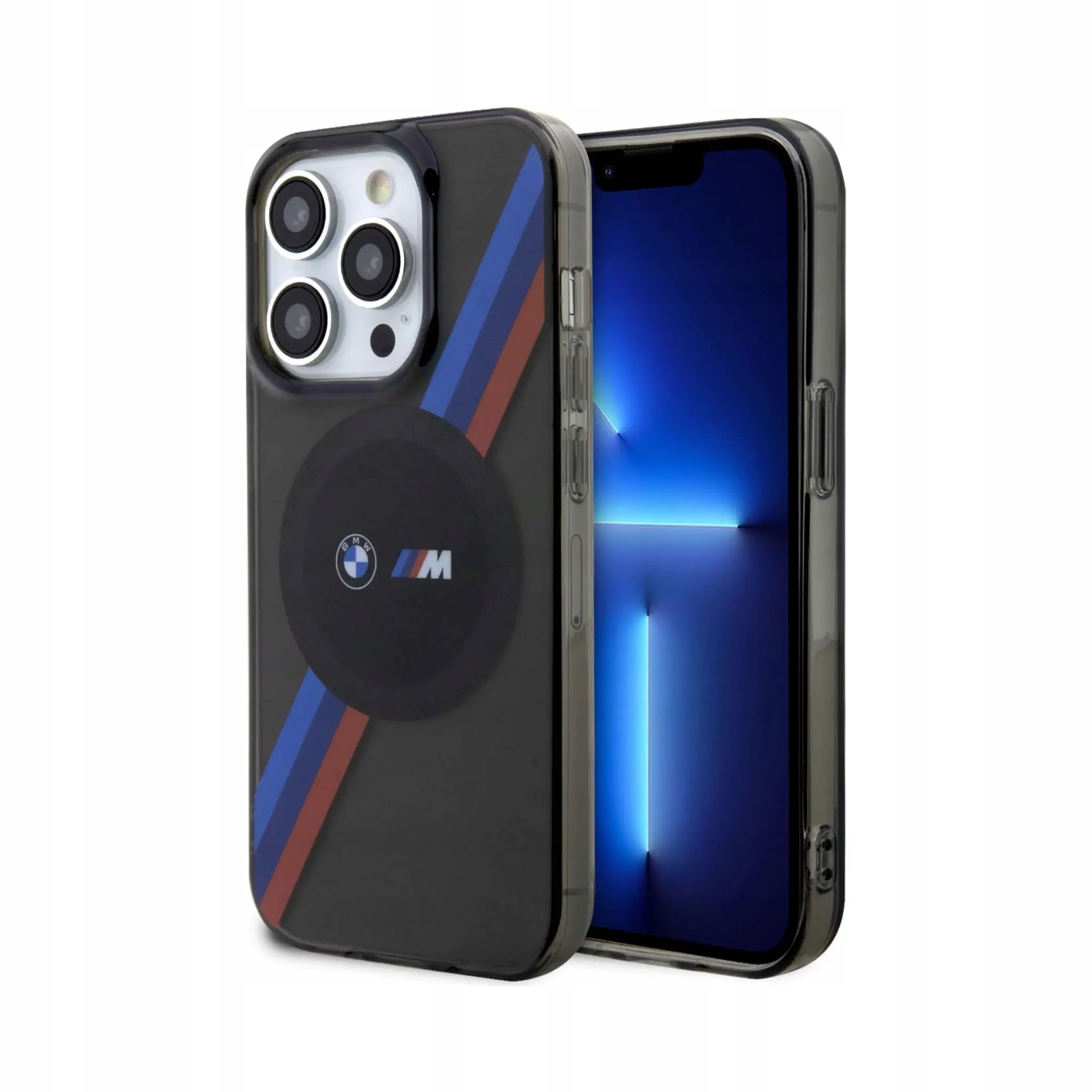 Bmw iPhone 14 Pro Max Etui, szary trójkolorowe paski MagSafe