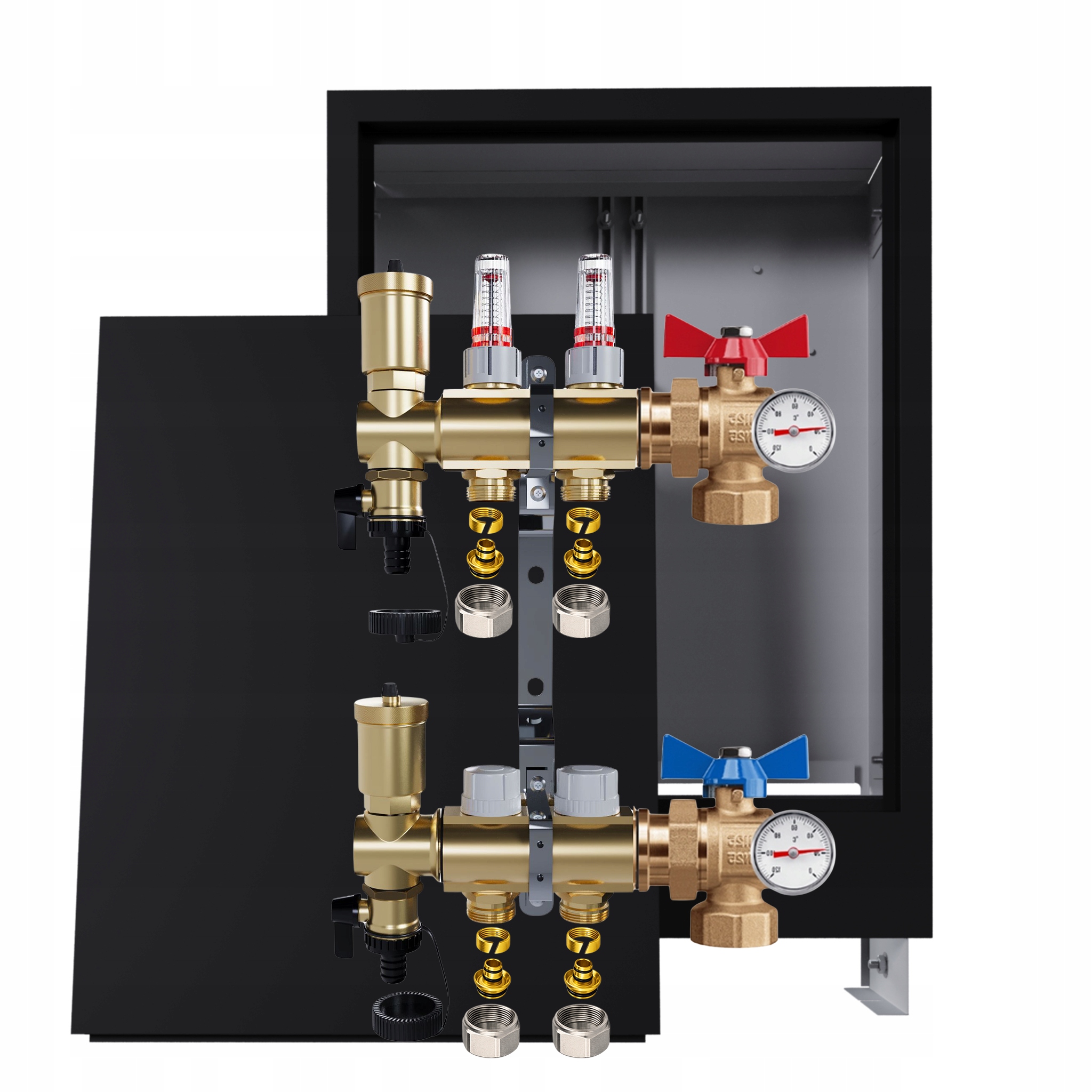 Rozdělovač podlahy 2 okruhy úhlové ventily teploměry krabička Pex