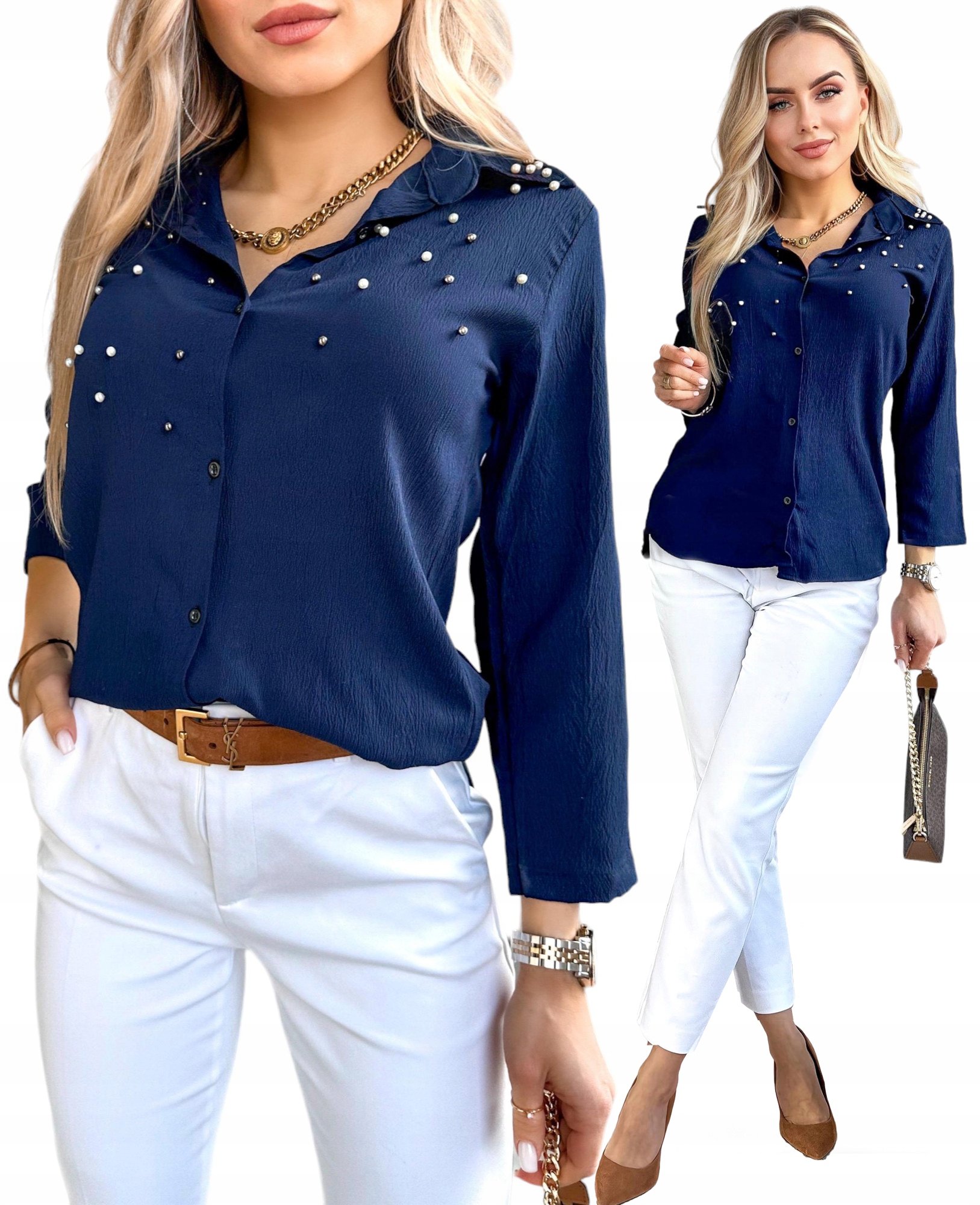 Elegancka klasyczna KOSZULA DAMSKA stylowe perełki