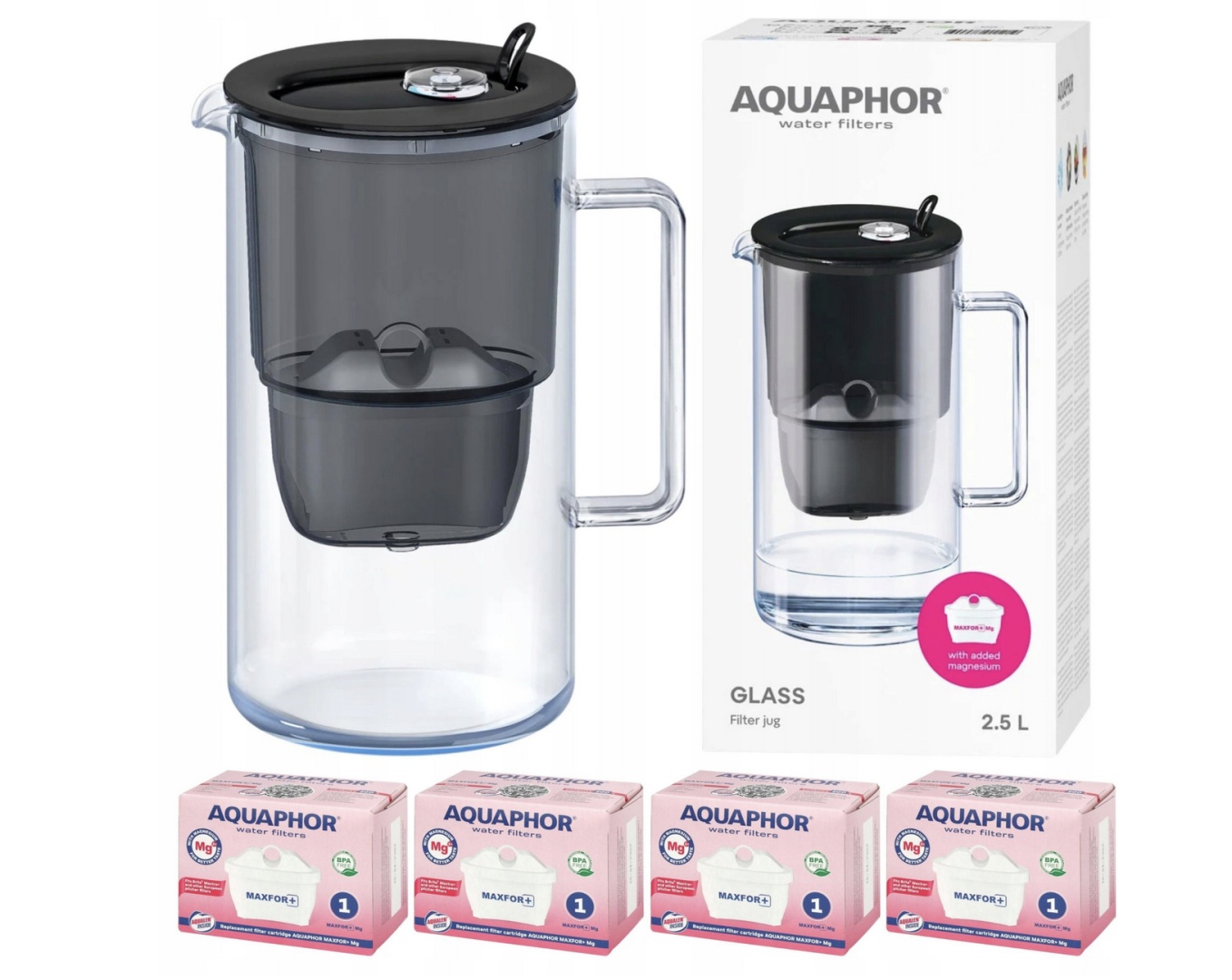 Dzbanek filtrujący szklany Aquaphor Glass 2,5l +4 Maxfor+ Mg, Czarny