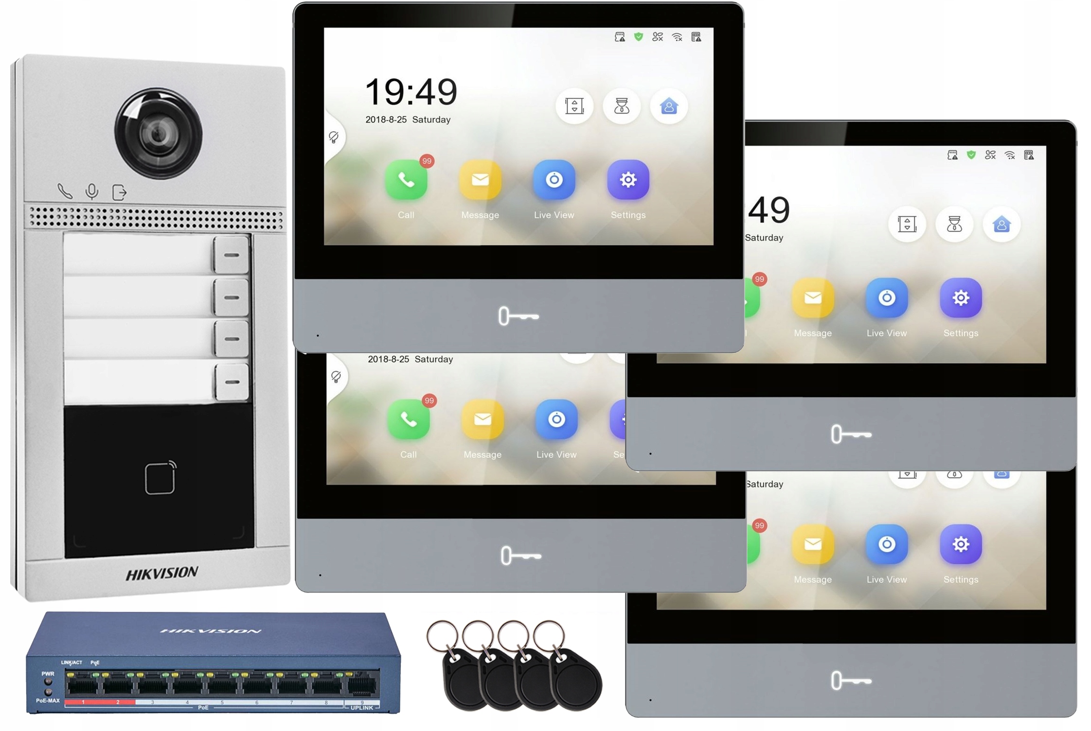 Videovrátnik WiFi Hikvision 4-rodinný Brána Apka 4 Monitory 7" Ips
