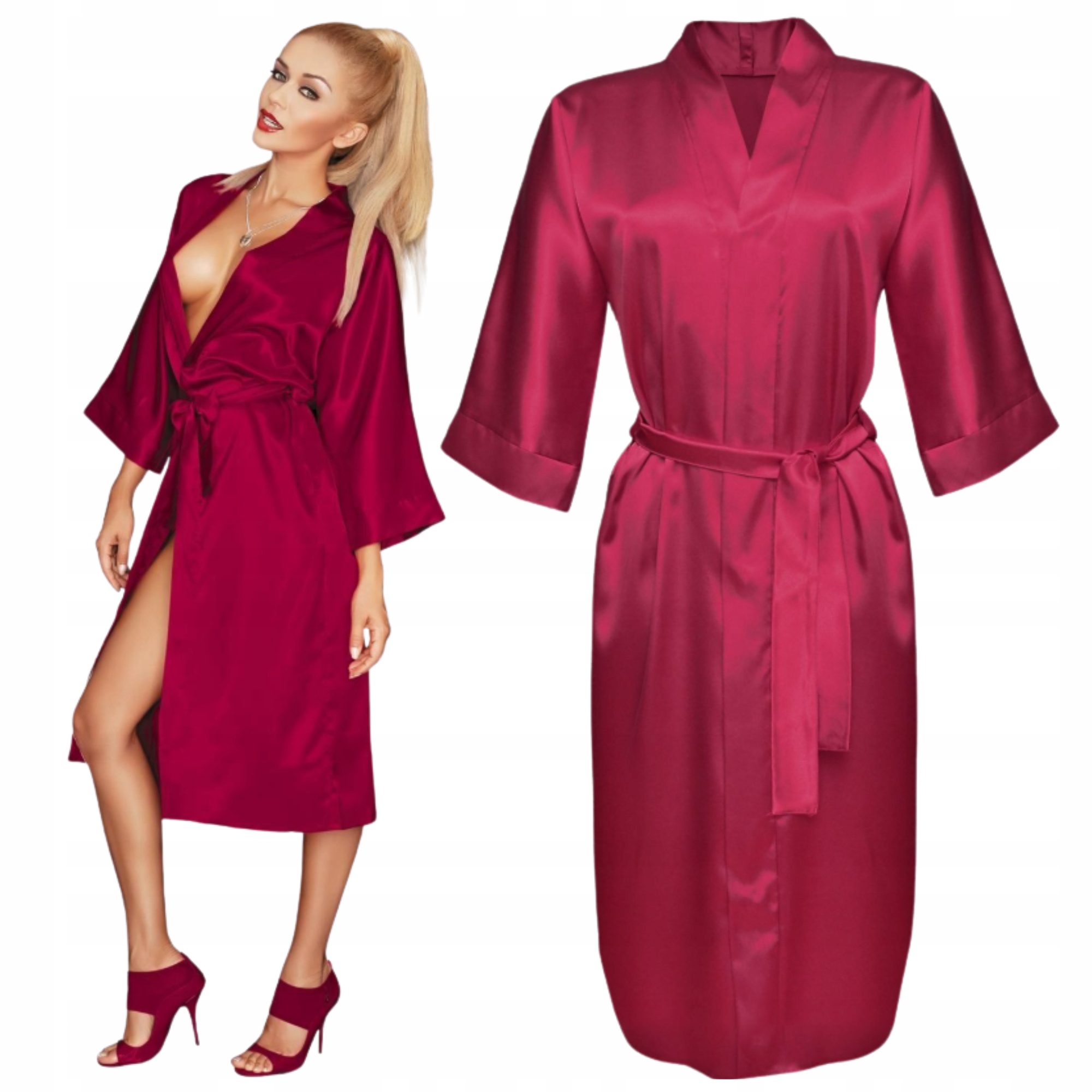Dámský Saténový Župan Dlouhý Župan Zavazování v Pase Kapsy bordó L