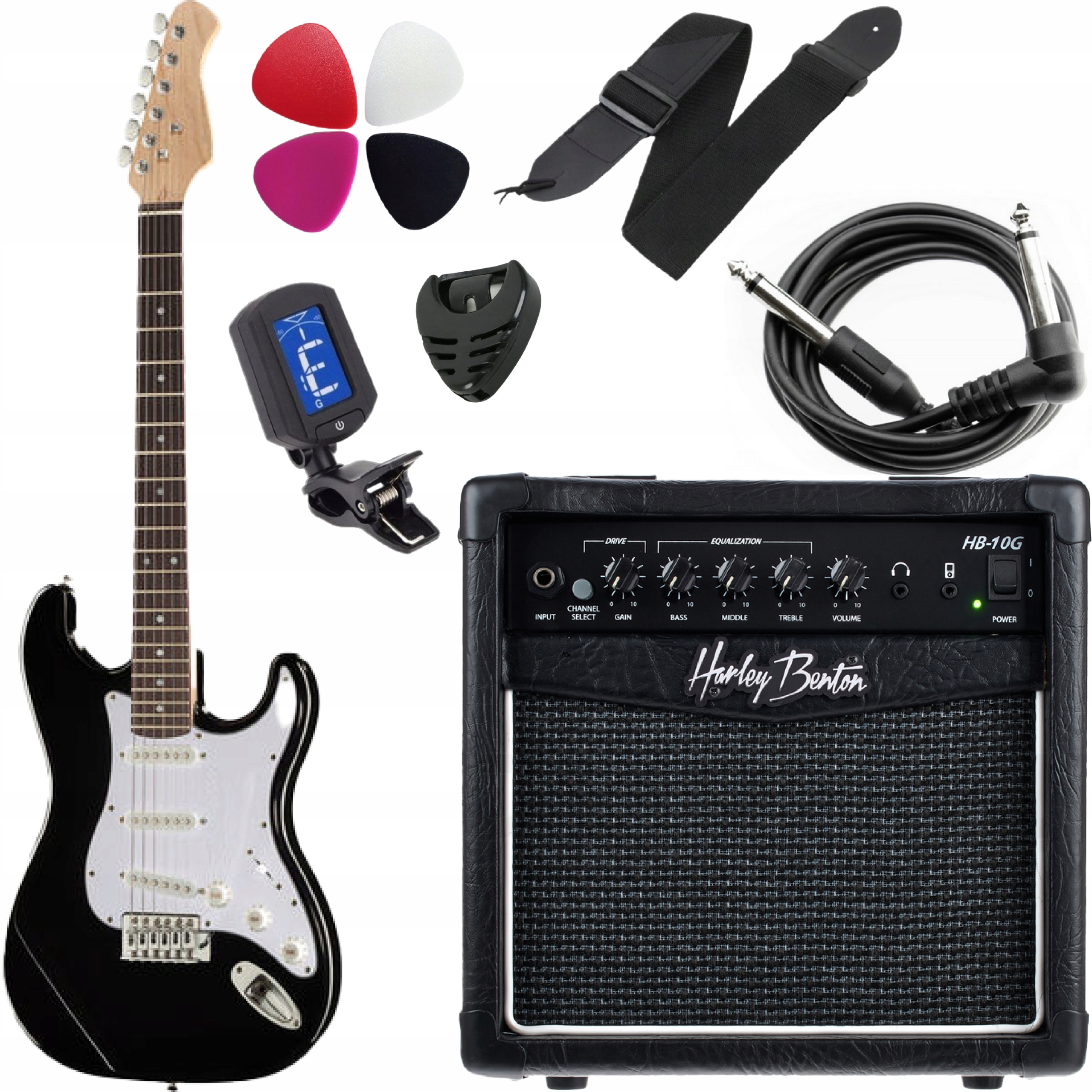 Elektrická kytara Preston ST-10 Bk 4/4 Combo 10W Kabel Pásek Kostky Set