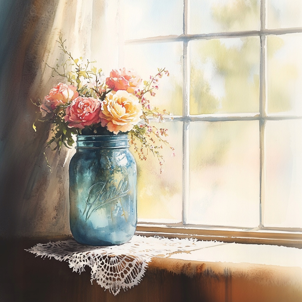 Obraz Na Plátně Canvas Akvarel Květiny Růže Sklenice Okno Shabby Chic 80x80