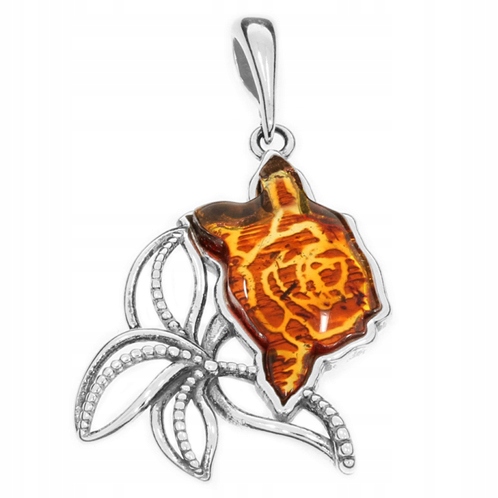 Stříbrný Přívěsek růže růžička ze Stříbra s gravírovaným Jantarovým přívěskem