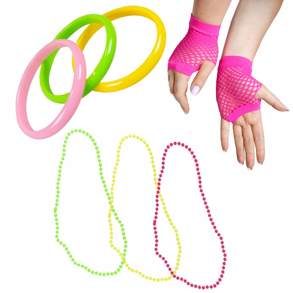 

Strój lata 80 siatkowe rękawiczki plastikowe koral